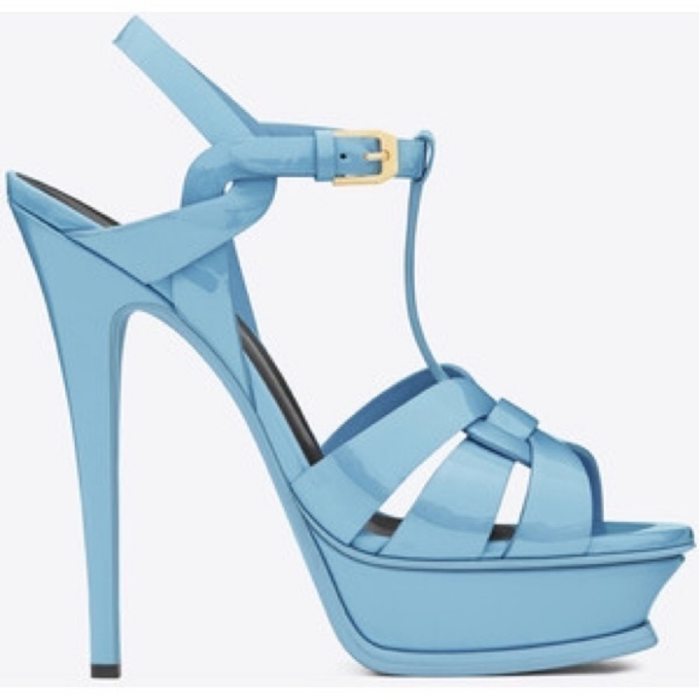 Saint Laurent Tribute 105 Platform Sandals in sky blue patent leather Size 9.5